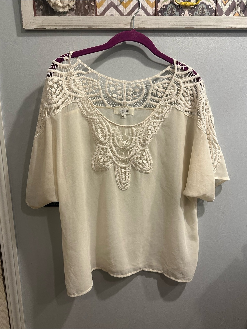 Umgee Ivory Crochet Yoke Short Sleeve Sheer Top